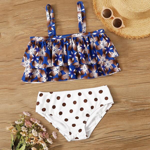 

Girls Floral Tiered Layer Top With High Waist Bikini Set, Multicolor