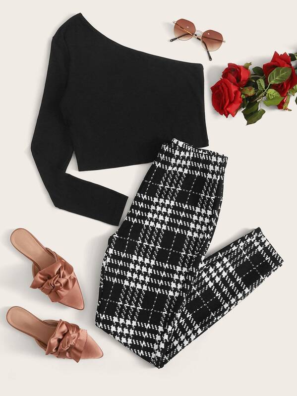 

One Shoulder Crop Tee & Plaid Pants Set, Black and white