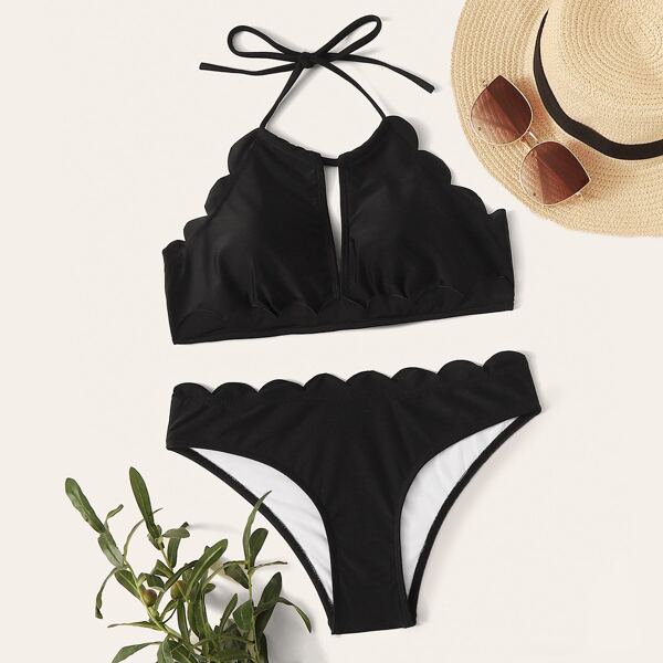 

Scallop Trim Halter Bikini Set, Black