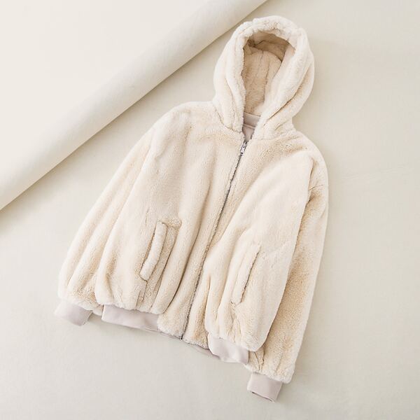 

Zip Up Hooded Faux Fur Coat, Beige