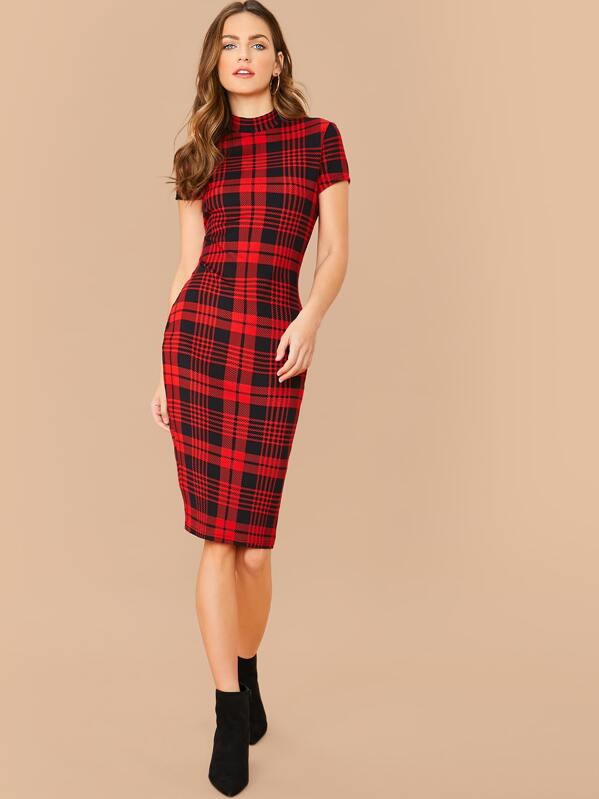 

Mock Neck Plaid Bodycon Dress, Red, Zorana