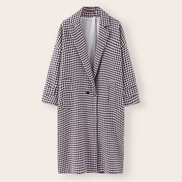 

Double Button Houndstooth Print Wool-Mix Coat, Multicolor