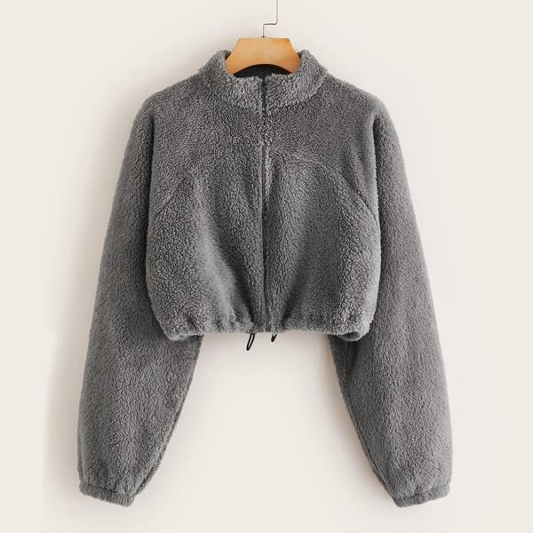 

Drawstring Hem Zip Front Teddy Jacket, Grey