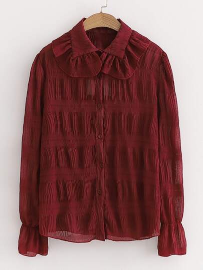 Ruched Flounce Sleeve Button Up Blouse