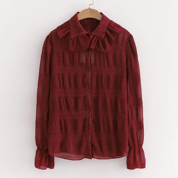 

Ruched Flounce Sleeve Button Up Blouse, Burgundy