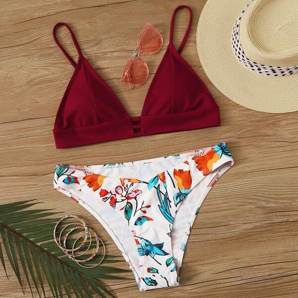 

Triangle Top With Floral Random Print High Cut Bikini, Multicolor