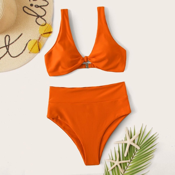 

V Neck Top With High Waisted Bikini Set, Orange bright