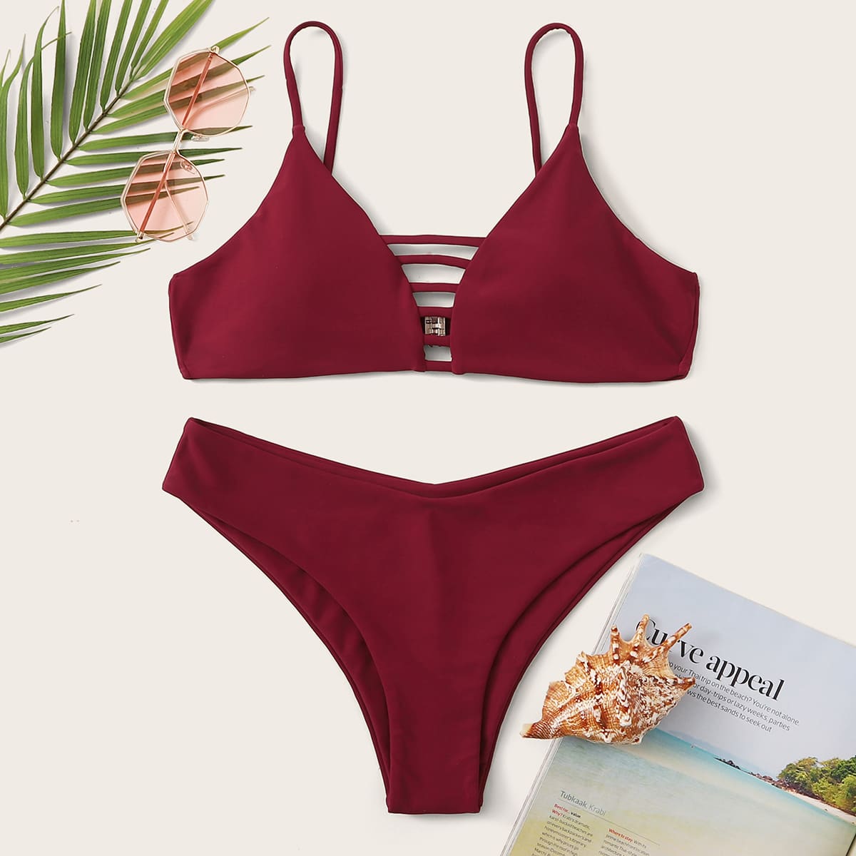 

Ladder Cut-out Top With High Cut Bikini Set, Burgundy