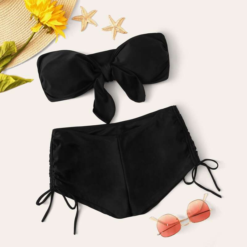 

Knot Front Bandeau With Shorts Bikini Set, Black