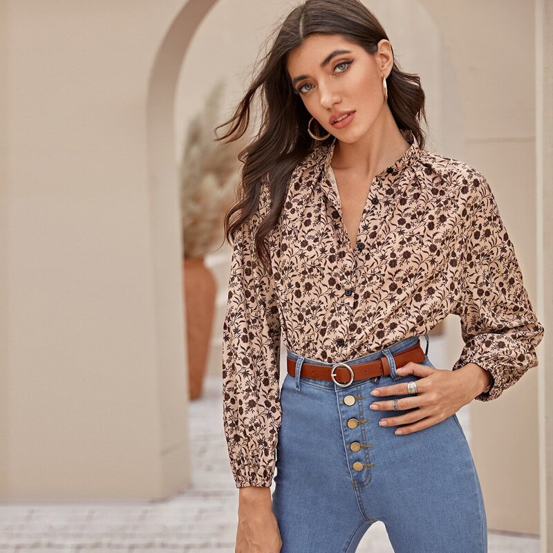 

Mock Neck Floral Print Blouse, Multicolor