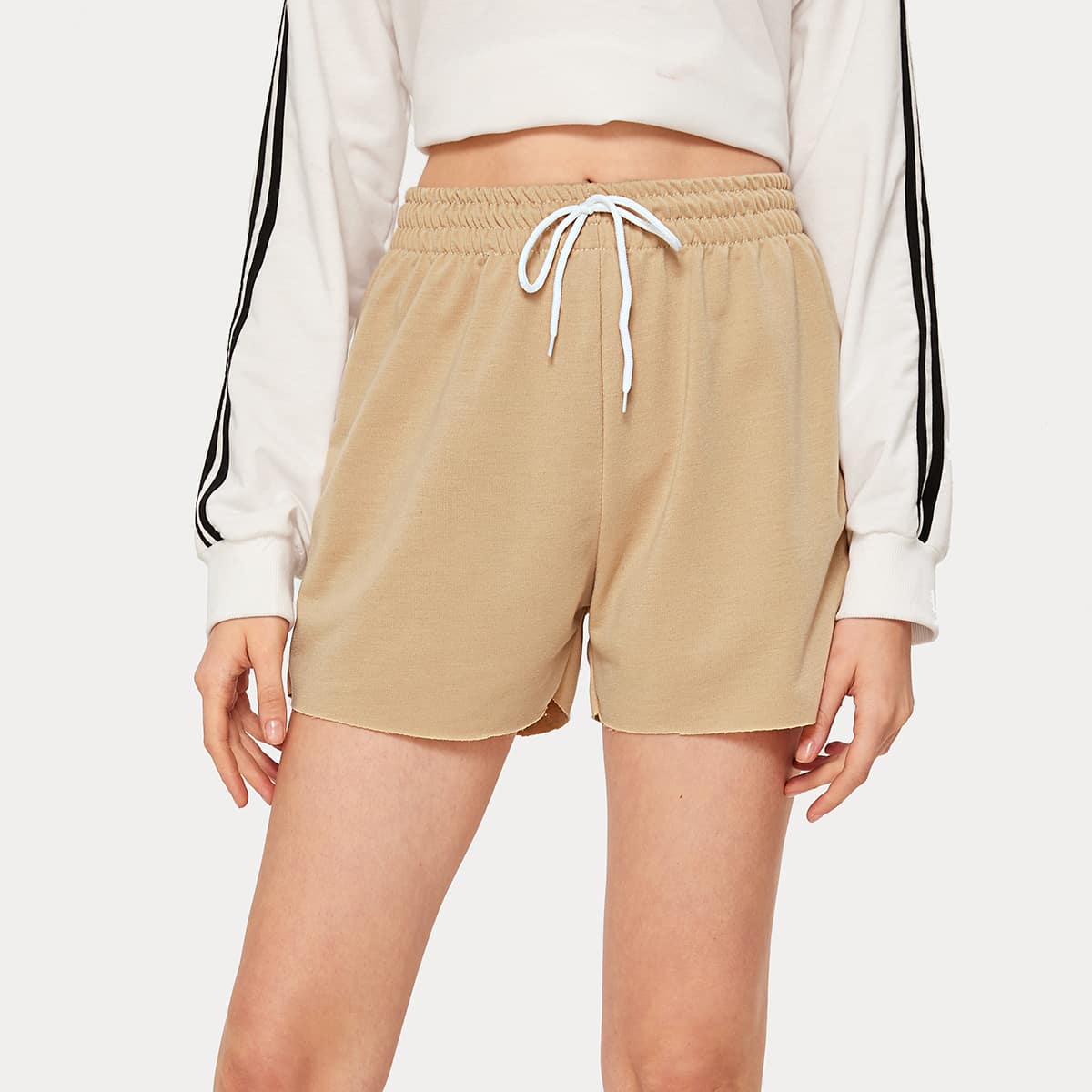 

Solid Drawstring Waist Track Shorts, Khaki