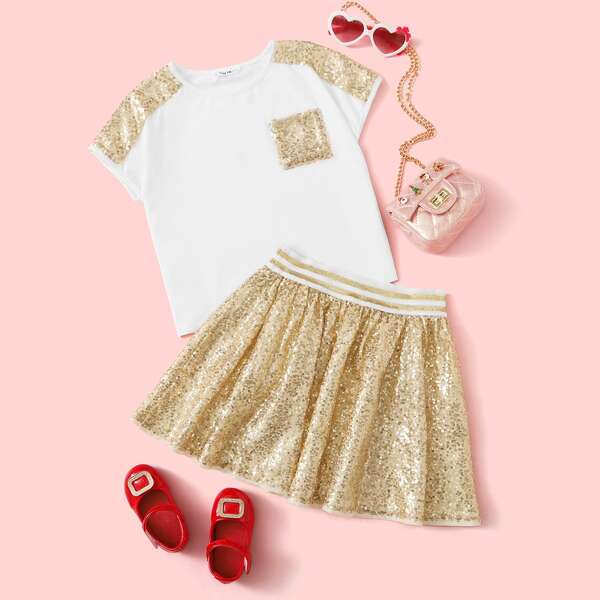 

Girls Contrast Sequin Colorblock Tee & Skirt Set, Multicolor