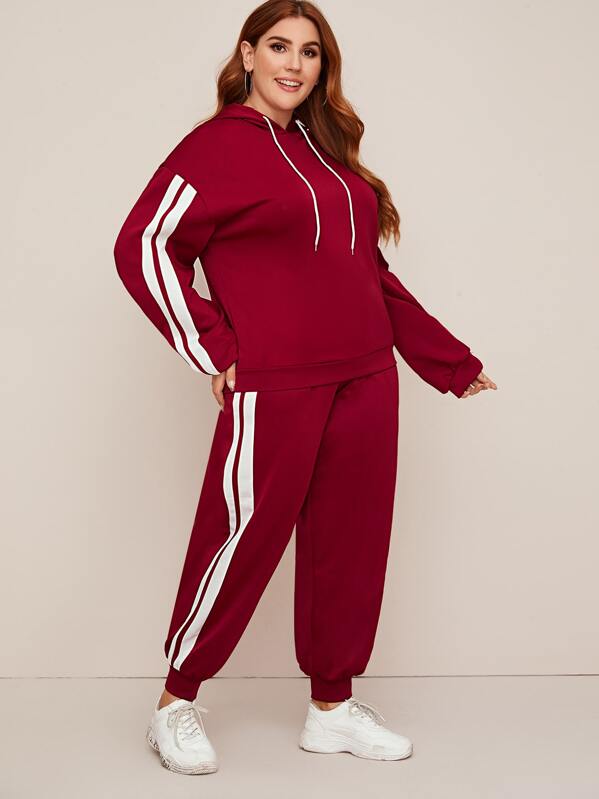 

Plus Striped Side Drawstring Hoodie With Sweatpants, Burgundy, Mafe