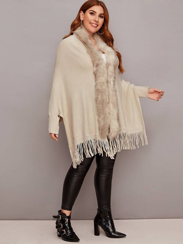 

Plus Contrast Faux Fur Fringe Hem Cardigan, Beige, Mafe