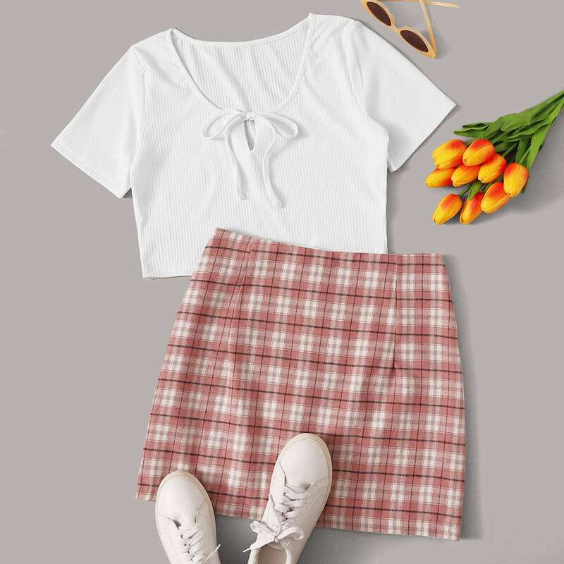 

Ribbed White Tee & Tartan Skirt, Multicolor