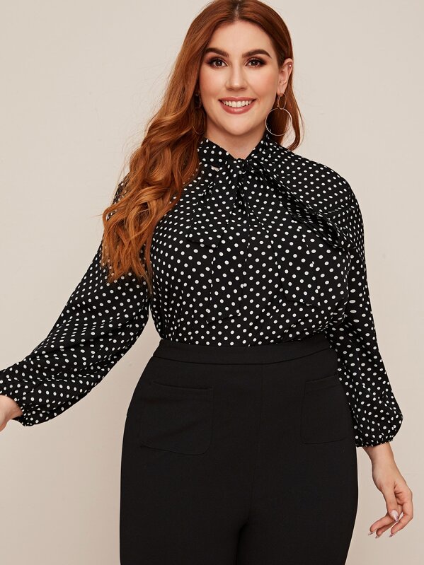 

Plus Allover Polka Dot Tie Neck Blouse, Black, Mafe
