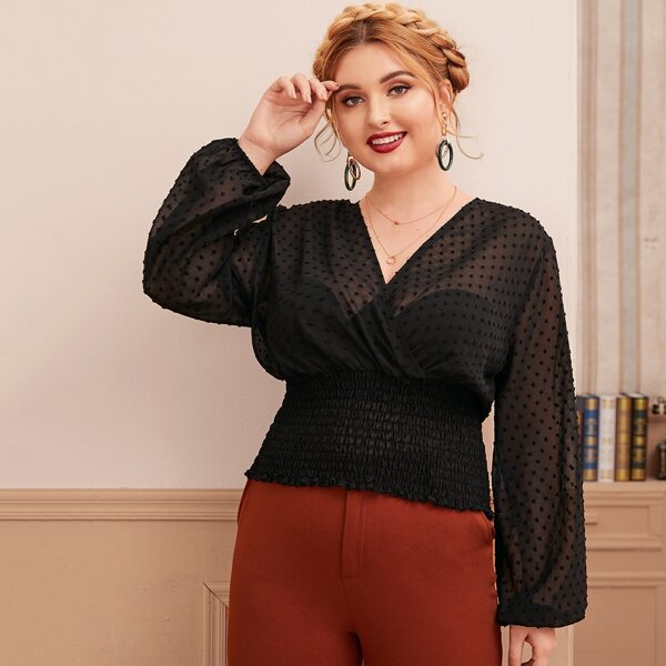 

Plus Surplice Neck Swiss Dot Sheer Mesh Blouse, Black