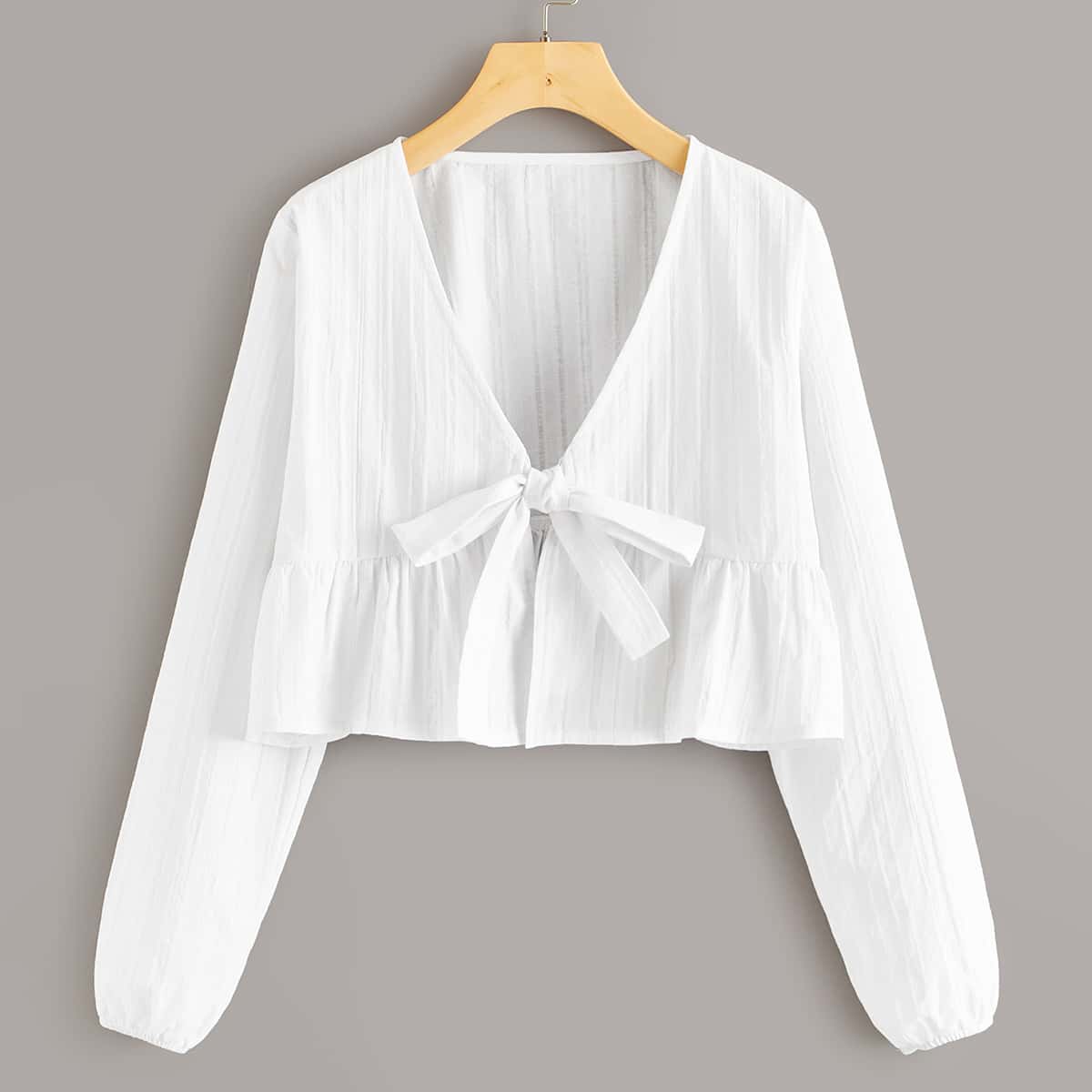 

Solid Tie Front Ruffle Hem Top, White