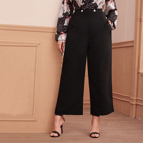 

Plus Button Pocket Side Wide Leg Pants, Black