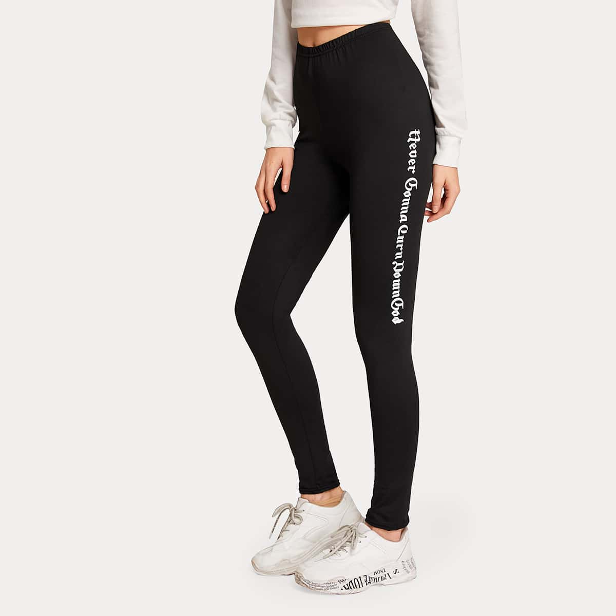 

Letter Graphic Elastic Waist Leggings, Black