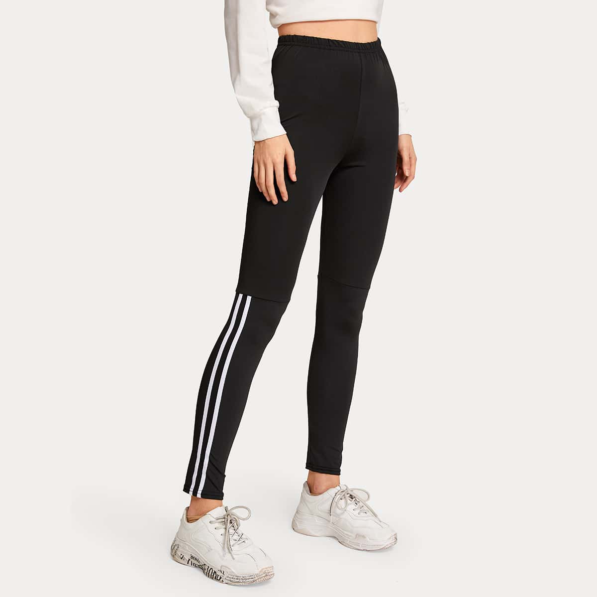 

Side Striped Elastic Waist Leggings, Black