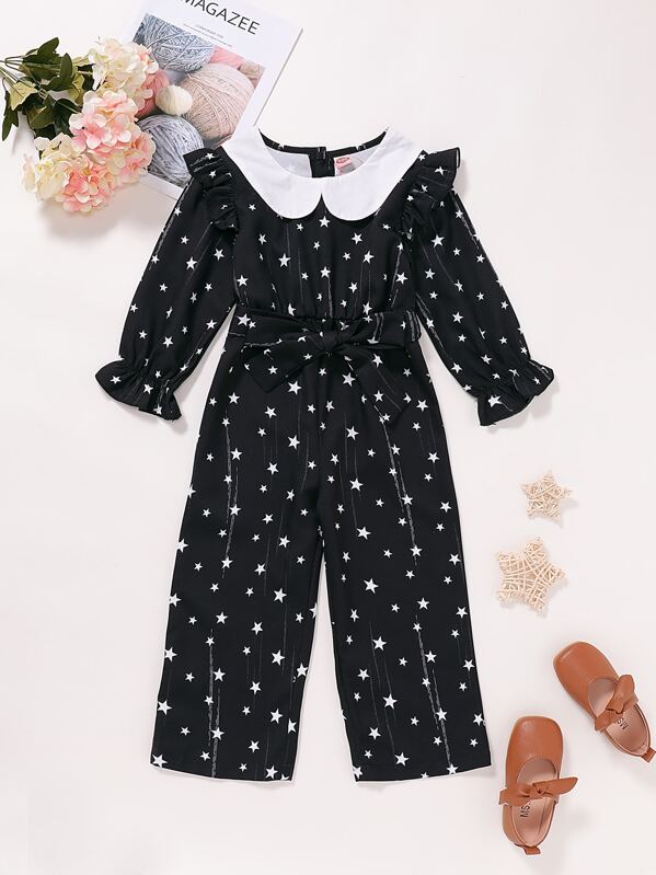 

Toddler Girls Contrast Collar Star Print Belted Jumpsuit, Black, Sofia B