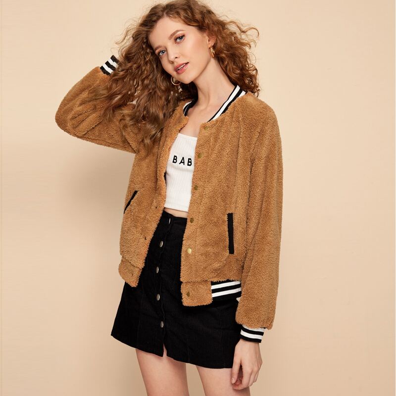 

Striped Trim Pocket Side Teddy Jacket, Brown