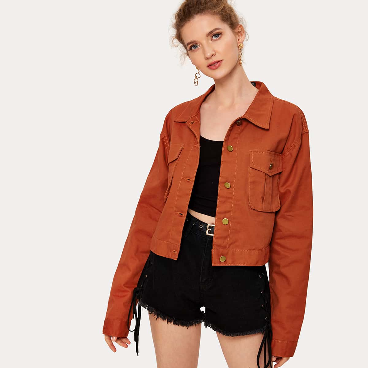 

Button Front Flap Pocket Crop Trucker Denim Jacket, Red