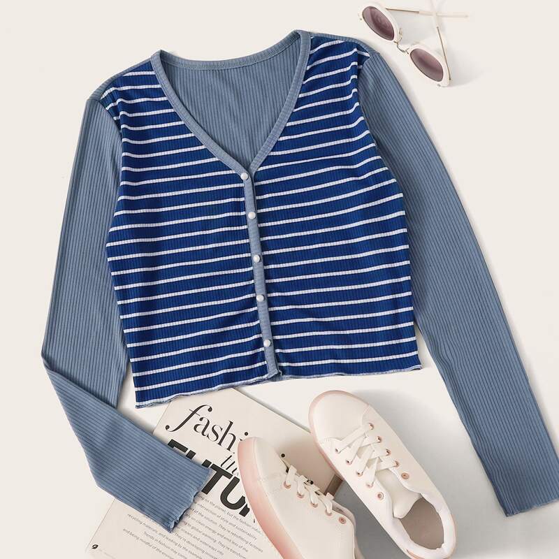 

Striped Button Front V-neck Ribbed Tee, Multicolor