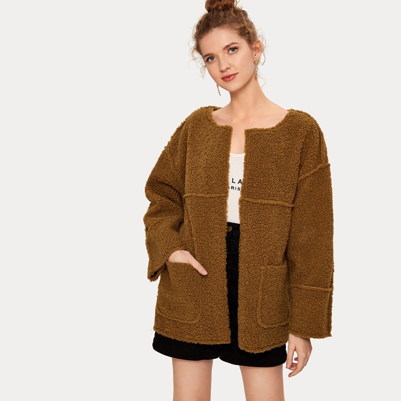 

Dual Pocket Drop Shoulder Teddy Coat, Brown