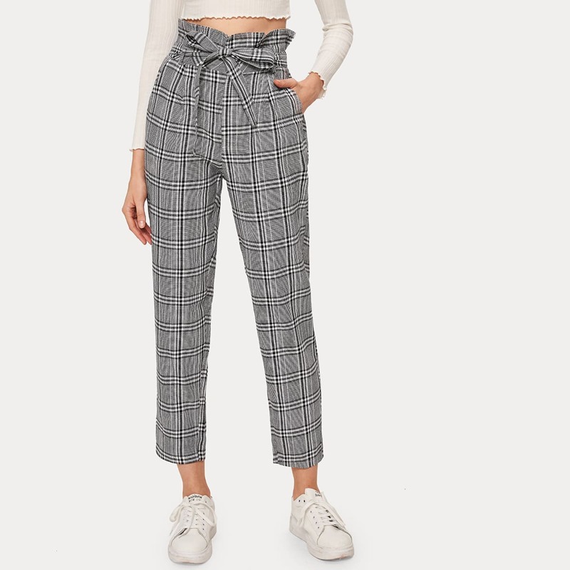 

Plaid Print Paperbag Waist Cigarette Pants, Grey