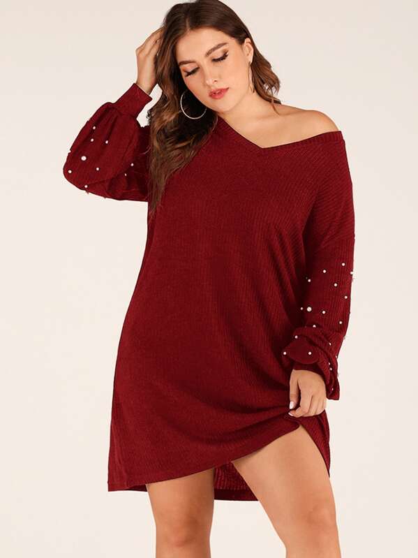 

Plus V-neck Pearls Drop Shoulder Sweater Dress, Burgundy, Franziska