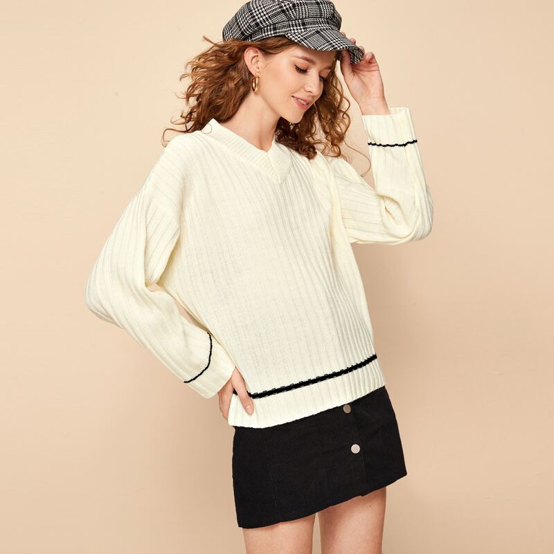 

Drop Shoulder Rib-knit Sweater, White
