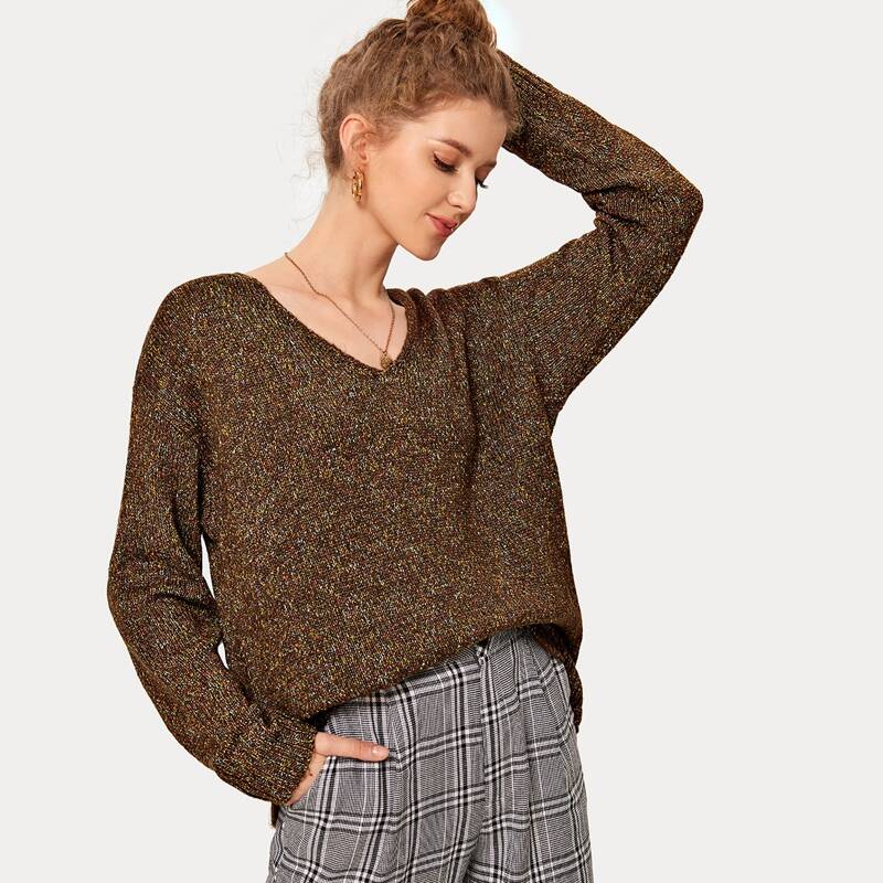 

V-neck Drop Shoulder Sweater, Brown