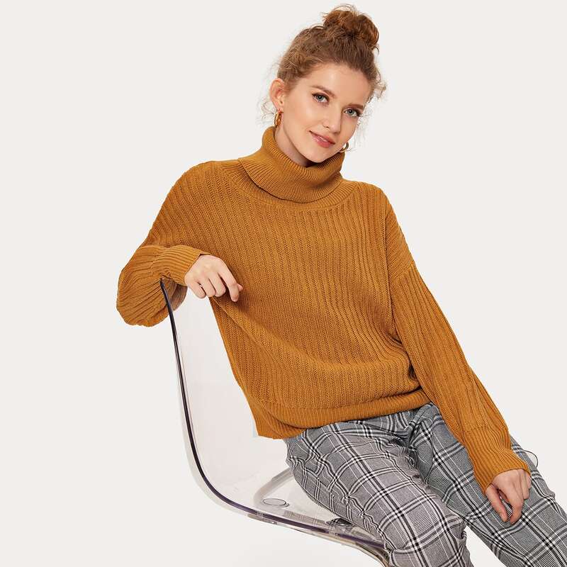 

Turtle Neck Ribbed Knit Sweater, Camel