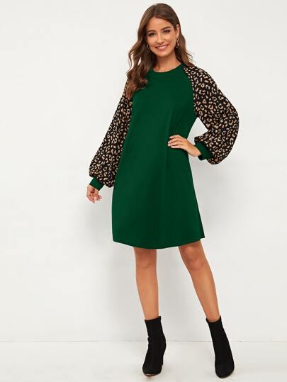 Contrast Leopard Lantern Sleeve Tee Dress