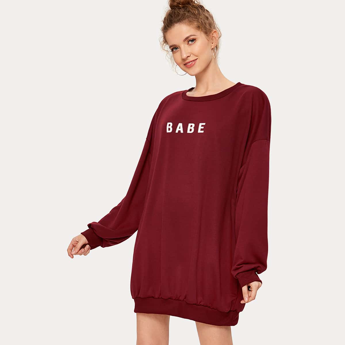 

Letter Graphic Round Neck Oversized Sweatshirt, Burgundy