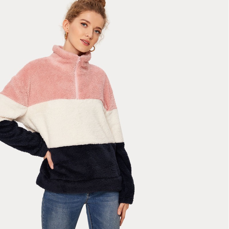 

Cut And Sew Panel Half Zip Teddy Sweatshirt, Multicolor