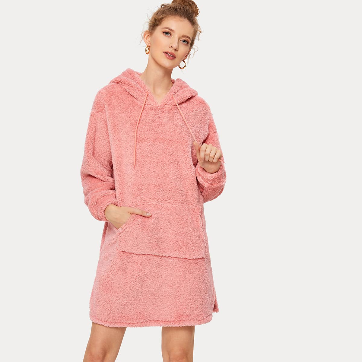 

Kangaroo Pocket Drawstring Teddy Hoodie Dress, Pink