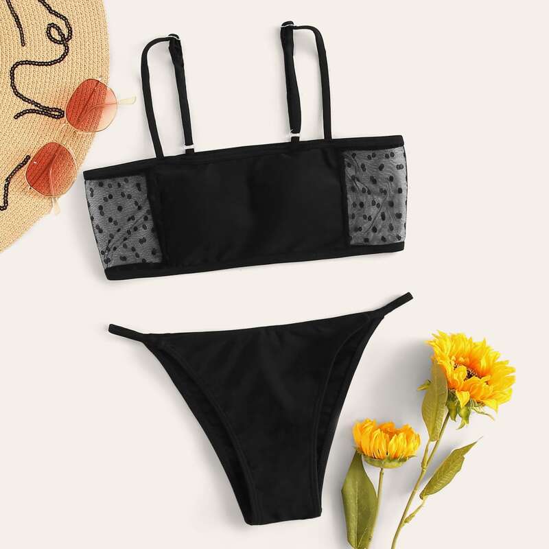 

Polka Dot Contrast Mesh Top With Thong Bikini, Black
