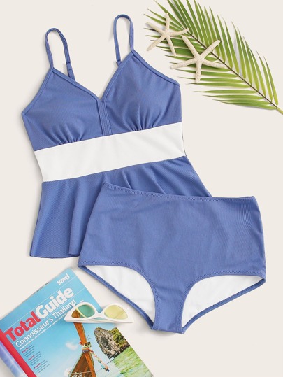 Colorblock Top With High Waist Tankini