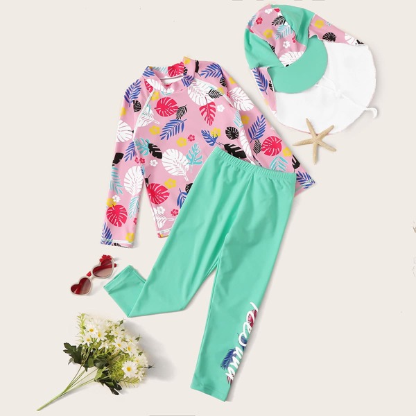 

Toddler Girls Palm Print Long Sleeve 2pcs Swim & Bikini Hat, Multicolor