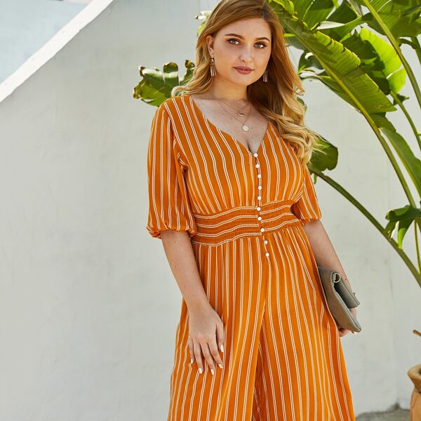 

Plus Striped Shirred Wide Leg Jumpsuit, Yellow