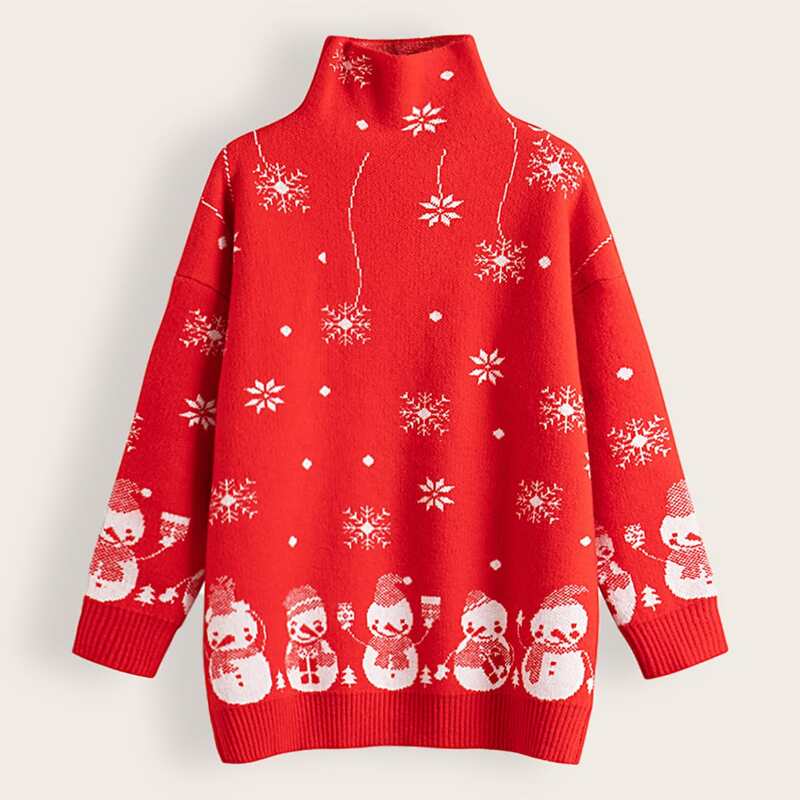 

Funnel Neck Christmas Print Oversized Sweater, Red