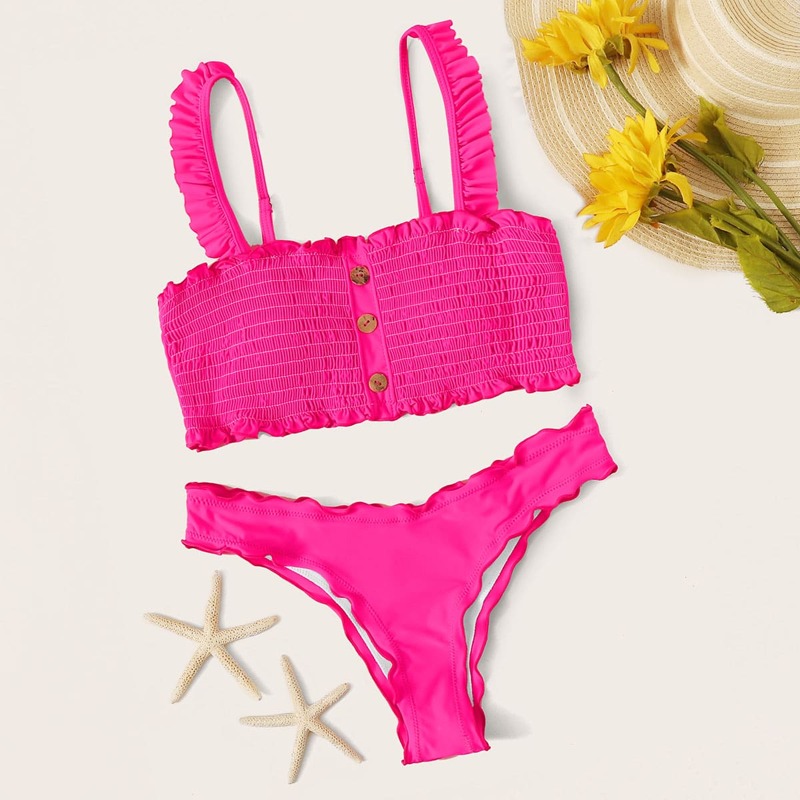 

Smocked Button Front Top With High Cut Bikini Set, Pink