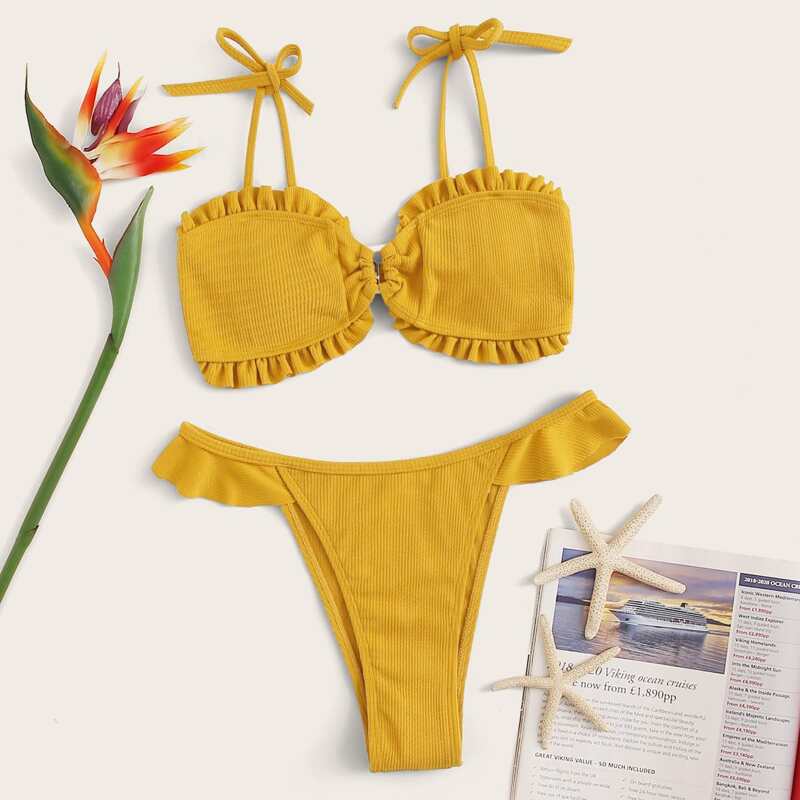 

Ruched Tie Shoulder Top With High Cut Bikini Set, Yellow