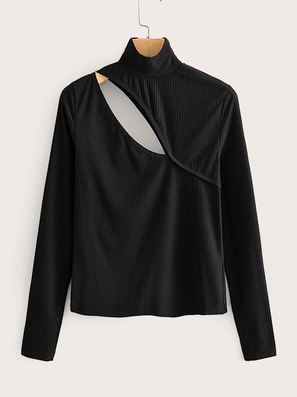 

High Neck Cut Out Fitted Tee, Black