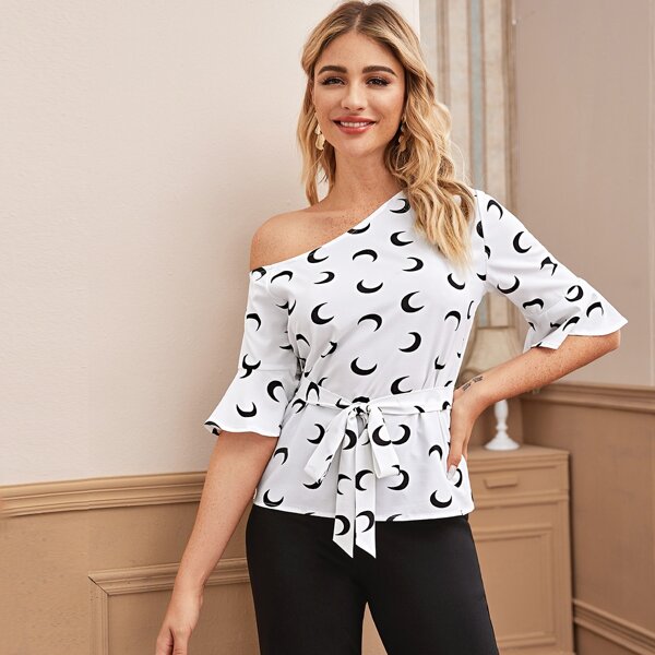 

Moon Print Asymmetrical Neck Belted Blouse, White