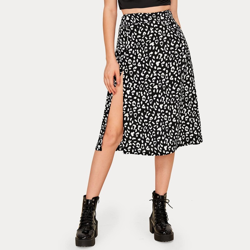 

Leopard Print Split Thigh Midi Skirt, Black and white