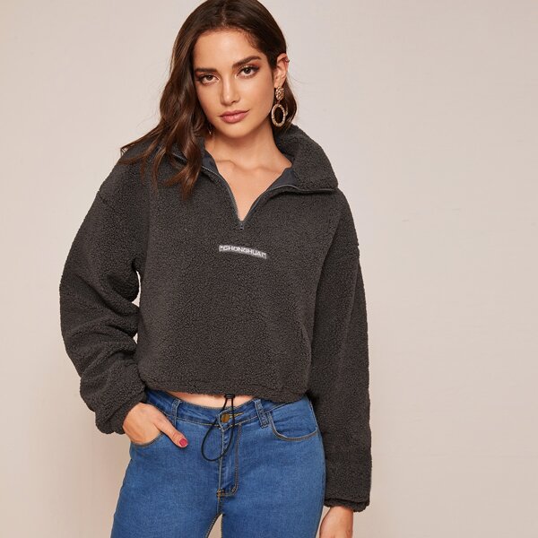 

Half Zip Letter Graphic Drawstring Hem Teddy Sweatshirt, Grey